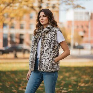 Women's Designer Adrienne Landau Rabbit Fur Animal Print Brown Tan Vest Med